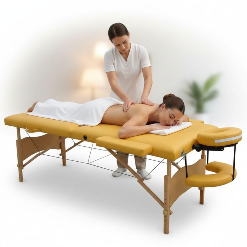 Mucola Massageliege 3 Zonen Massagetisch Holz| klappbar und höhenverstellbar | Portable Massagebank inkl. Zubehör Kopfstütze, Armlehnen und Tragetasche - Gelb