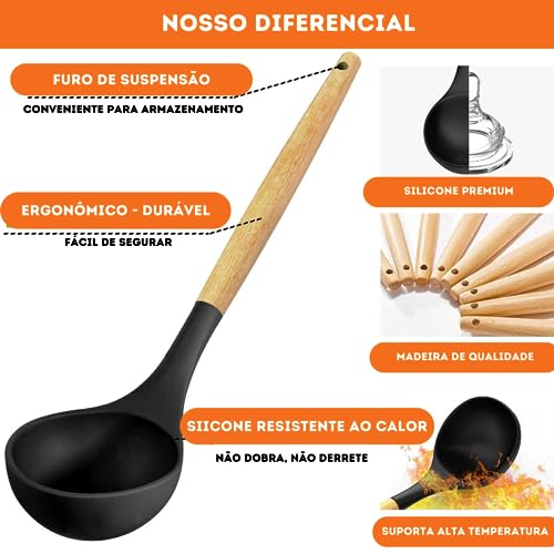 Kit 19 Utensílios De Cozinha Com Cabo De Madeira E Silicone (Preto)