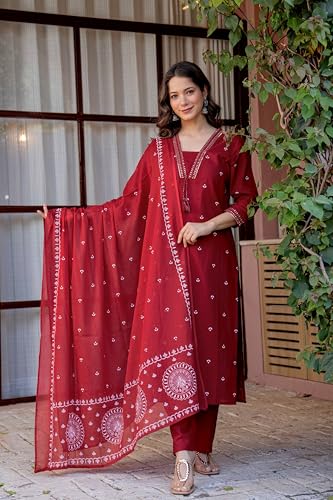 Image of PARTHVI Women's Pure Cotton Printed Straight Kurta Set with Palazzo Pants & Dupatta- Ethnic Wear, Red