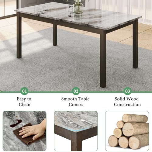 AMERLIFE 7-Piece Dining Table Set, 71" Faux Marble Modern Table with 6 PU Leather Upholstered Chairs, Heavy-Duty Solid Wood Set for Kitchen & Dining Room, Dark Brown - Image 4