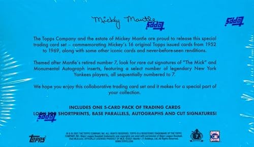 2021 Topps MICKEY MANTLE X Factory Sealed HOBBY Collectors Box with (5) Awesome Topps Mantle Cards! Look for Parallels,Autos from Derek Jeter,Mariano Rivera & Rare Mantle Cut Signature Autos!