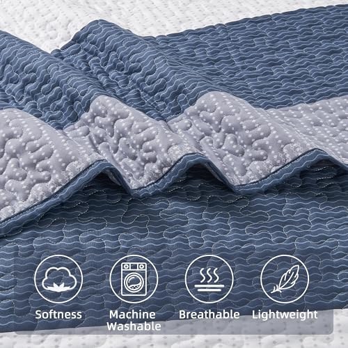 Image of Andency Oversized Queen Quilt Bedding Set, 98x98Inch Mineral Blue Stripe Bedspread Coverlet 3 Pieces, Soft Lightweight Blue Patchwork Quilted Bed Set for All Season (1 Quilt, 2 Pillowcases)