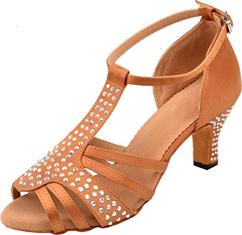 Chaussures de danse latine T-bar marron ornées de strass scintillants