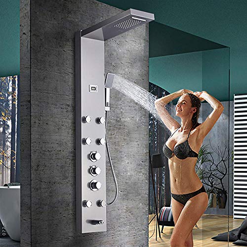 Columna de Ducha Termostática con Panel de Masaje, Chorro Cascada y Lluvia, Acabado en Níquel Cepillado, Latón y ABS miniatura 1