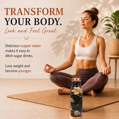 Image of Pure Copper Water Bottle - Handcrafted - Ayurveda health benefits -Small 450 ml - Leak proof - Easy to carry for Sports, Fitness, Yoga, School - Textured Black Base Floral Colorful Enamel.