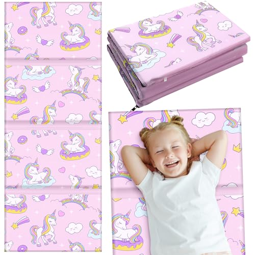 Image of Shellwei Vinyl Nap Mat Kid Preschool Daycare Sleep Mat,Cute Unicorn | 1 inch Thickness, 45 inch x 19 inch x 1 inch, 4-section Softness Rest Mat, Suitable for Daycare Travel, and Home, Easy to Clean