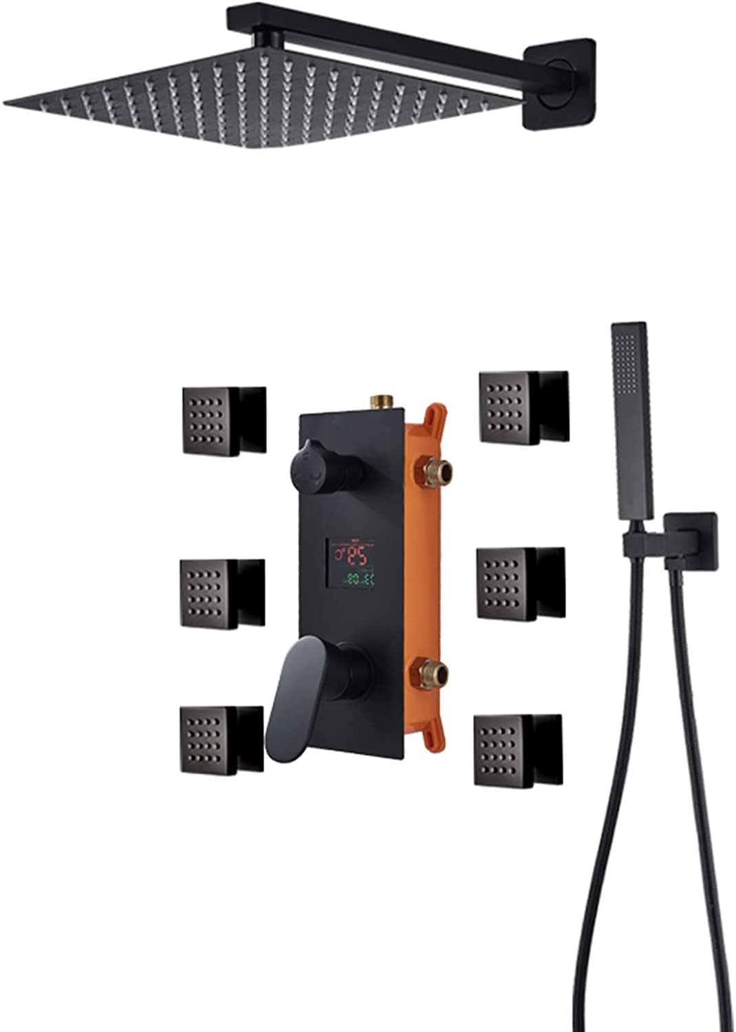AYCDL Shower System Temperature Display Concealed Shower Combo Set Matt Black Shower Mixer Taps Set with 6 Body Sprays with Brass Hand Shower and Waterfall Rainfall S,size_name-12 Inch