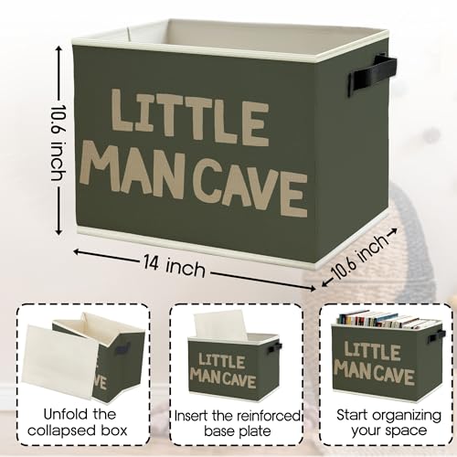 Image of Little Man Cave Boys Storage Bins Box with Handles, Olive Green Boho Collapsible Basket Organizer for Kids Boys Playroom Nursery Room Bedroom Bathroom Books Clothes