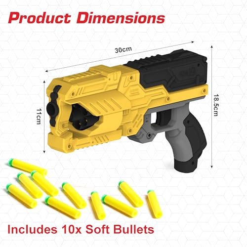 Image of Aditi Toys High Performance Six Fire Gun, Toy Blaster Gun With 6 Dart Rotating Drum, Hi-Arm Toy Gun For Kids Above 6 years, Accurate Upto 45 Feet, Includes 10 Soft Bullet Darts, BIS Approved. (Yellow)