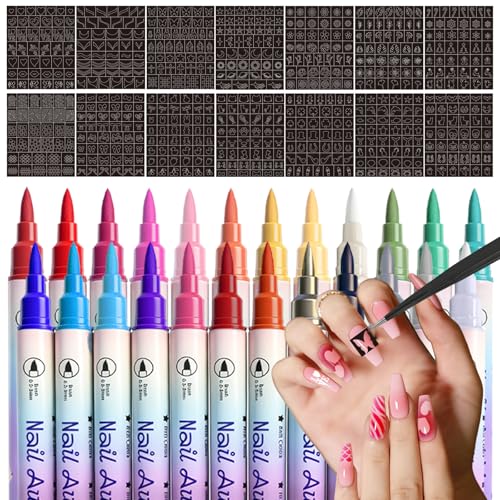 Nail Art Pen Stencil Sets 24 Colors Double-Ended Nail Art Makers+ 14 Sheets Nail Stencils Quick-drying Nail Art Tool for Women & Girl Brush Dotting Liner DIY Nails Art Design Home & Salon Use