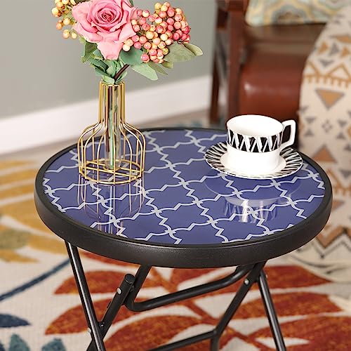 Mfstudio Patio Side Table, Folding Portable Round Bistro Coffee Table, Tempered Glass Metal End Table, Plant Stand For Indoor & Outdoor Garden Backyard Lawn Poolside, 18 Inch Pattern Blue #TOP5