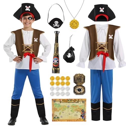 Disfraz Pirata Niños, Decoraciones Piratas para Cumpleaños, Disfraz Pirata Niño Chicas Carnaval con Sombrero y Parche en Ojo, Disfraz Piratas Cumpleaños Cosplay para Niñas y Niños (Chico Azul, M)
