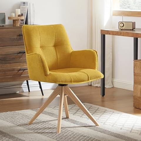 Art Leon Mid Century Modern Swivel Accent Chair - Home Office Desk Chair No Wheels, Fabric Upholstered Armchair with Oak Wood Legs for Small Space Living Room Bedroom, Yellow Cover