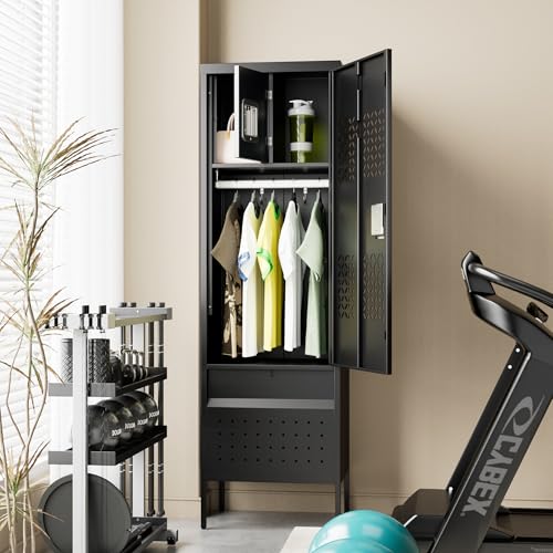 Image of SUPEER Metal Locker with Hanging Rod,Metal Storage Locker with Interior Box and Ventilation Grille,Suitable for Gym,Basketball Gym,Gymnasiums,Utility Room,Assembly Required,Black