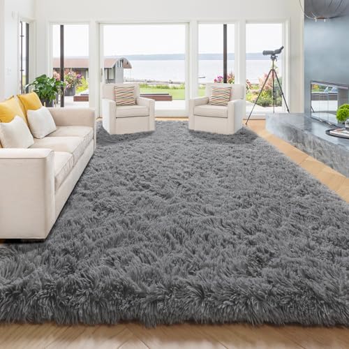 Amdrebio Grey Area Rugs for Living Room, 9x12 Carpet, Fluffy Shaggy Soft Rugs for Bedroom, Large Big Floor Rug for Kids Room Dorm, Gray Carpet, Modern Indoor Rug for Teens Men Baby Boys Home Decor