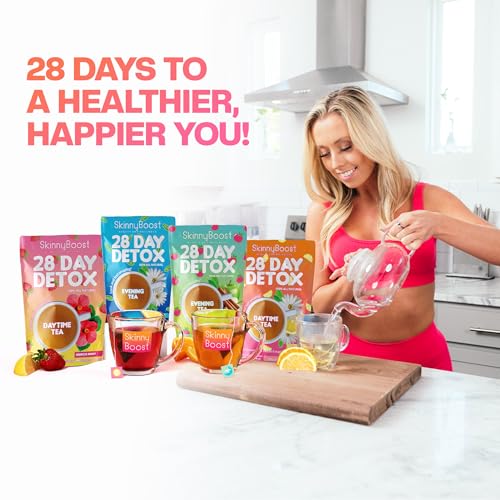 Skinny Boost 28 Day Detox Tea Kit –Daytime (28 Bags) + Evening -(14 Bags) – Herbal Detox for Weight, Metabolism, Energy, Bloating & Colon Cleanse – Green Tea, Senna, Vegan, Keto, Non-GMO, Sugar-Free