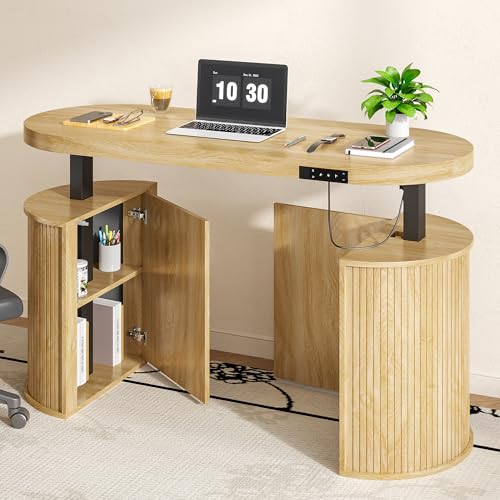 Image of Mid Century Modern Electric Standing Desk with Storage, 55 x 22 Inch Small Sit Stand Up Desk, Wood Adjustable Height Computer Executive Desk for Home Office, Laptop, Oak