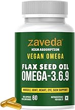 ZAVEDA Vegan Omega 3.6.9 Flax seed oil capsules - 1000 mg per serving, (60 N), Omega 3.6.9 Capsule Good For Heart, Brain, Eye, Skin, Muscles, Bone & Joint Support - Veg 60 Capsules.