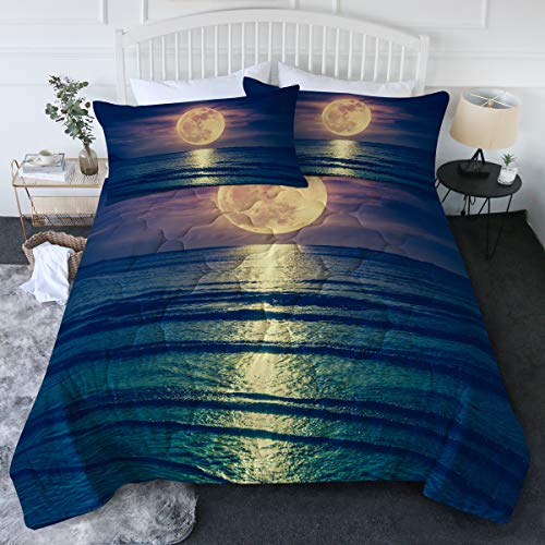 BlessLiving Moonlight King Comforter Set Sunset Ocean Moon Waves Sky Pattern Printed Bedding for All Seasons 3 Piece Nature Night Seascape Lightweight Reversible Duvet