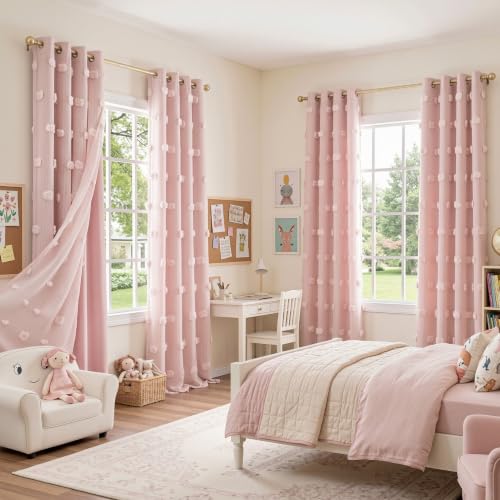 Image of MYSKY HOME Pink Curtains for Living Room Pink Sheer Pom Pom Kids Room Decor Drapes 102 Inches Long Light Blocking Double Layer Curtain for Sliding Door Grommet Window Panels Set of 2 52 inch x 102 inch
