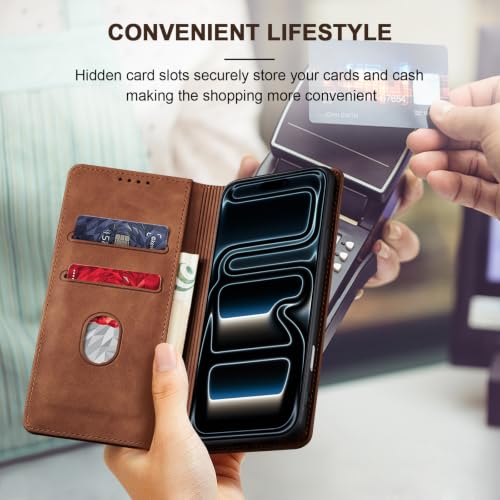 Image of Jasonyu Flip Wallet Case for iPhone 17 Pro,Leather Magnetic Folio Cover with Card Holder,Kickstand - TPU Shockproof Durable Protective Phone Case,Brown