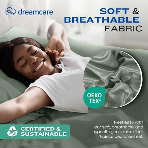 Image of DREAMCARE Full Size Sheets - Cooling Sheets - 4pcs Set - up to 15 inch Deep Pocket Full Sheet Set - Sheets Full Size Bed - Soft & Long Lasting 100% Fine Brushed Polyester with Side Pocket - Sage Green