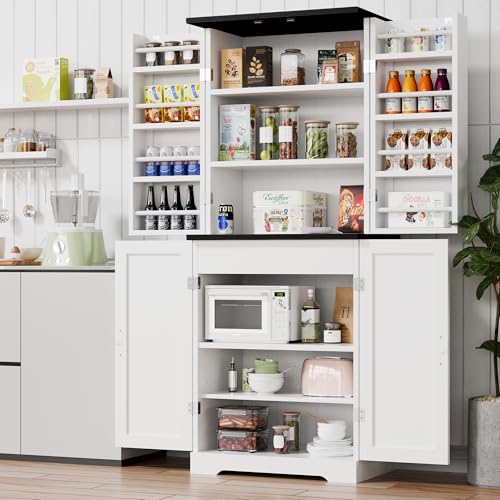 Vongrasig Kitchen Pantry Storage Cabinet with Barn Doors, Drawer ...