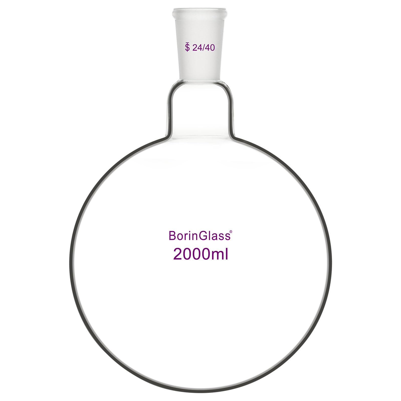 BorinGlass Matraz de Fondo Redondo de Un Cuello RBF, Matraz de Destilación de Vidrio con Junta Cónica Estándar 24/40, 2000 ml