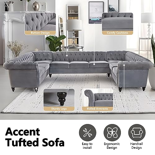Image of QHITTY U-Shaped Sofa, Sectional Chesterfield Velvet Couch 9-Seater Upholstered Large Accent Tufted Sofa with Rolled Armrest and Nailhead Design for Living Room, Apartment, Office (Grey)