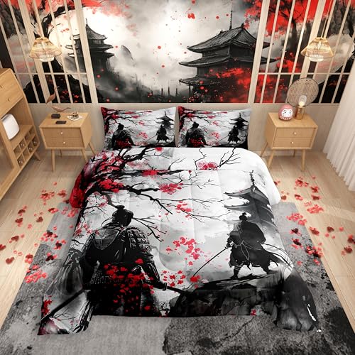 Feelyou Japanese Samurai Comforter Set Queen Size Kids Ukiyoe Comforter for Boys Girls Cherry...