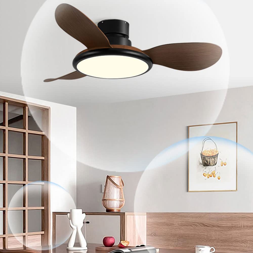 Ventilatore da soffitto moderno da 36 pollici con luci Ventilatore da soffitto a basso profilo a 3 pale con luce Ventilatore da soffitto in finto legno nero Ventilatore da soffitto per camera da let