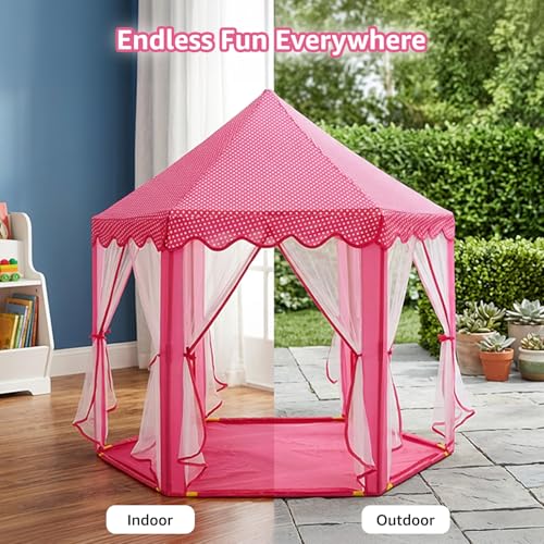 Image of Amazon Brand - Jam & Honey Princess Castle Hexagon Play Tent for Kids | Foldable Indoor Outdoor Playhouse with Mosquito Net Design | Portable Tent with Carry Bag | Extra Large (135.5 x 129 cm) | Pink