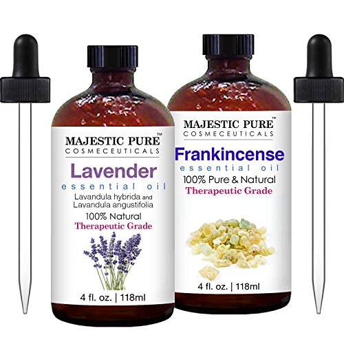 Majestic Pure Lavender Essential Oil with Frankincense Essential Oil - 100% Pure and Natural, Therapeutic Grade Oils  4 fl oz Each