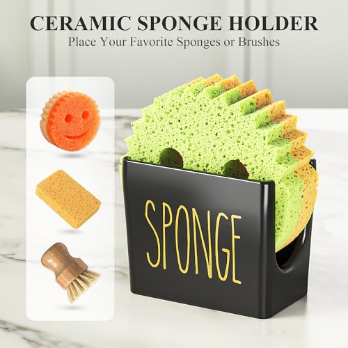 Image of Cisily Kitchen Soap Dispenser Set Comes with Ceramics Sponge Holder, Gold Pumps, and Instant Dry Tray, Hand and Dish Soap Dispenser Set (4, Gold + Black + Sponge Holder)