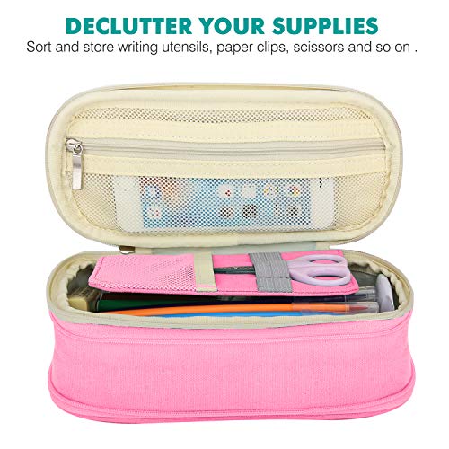 Image of MoKo Large Capacity Pencil Pen Case, Big Capacity Storage Bag Pouch Box, Stationery Organizer with Zippers for Office /School Supplies - Beige & Pink