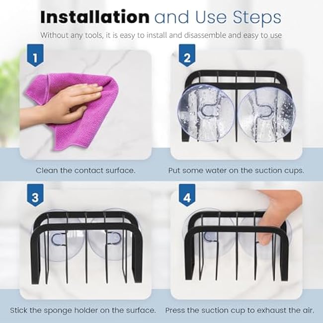 Sponge Holder for Kitchen Sink with Suction Cups, Kitchen Sponge Holder,Kitchen Sink Caddy(Black)