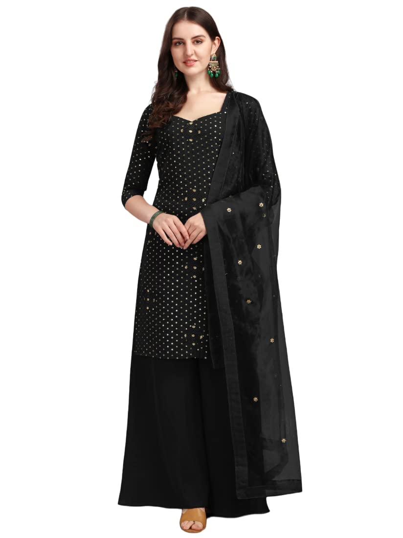 Fashion Basket Womens Gerogette Semi-Stitched Dress Material With Unstitched Sharara Black Salwar Suit (Fb-Ss-F1425_Black)