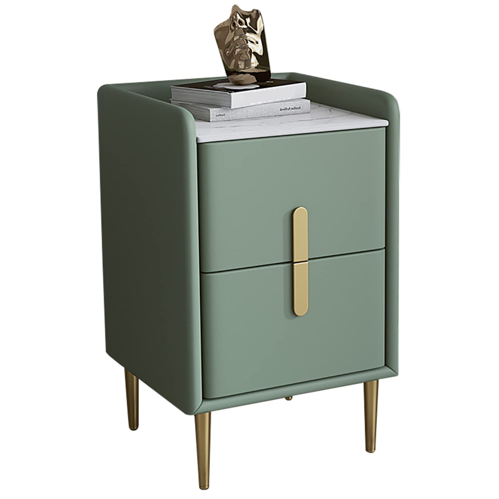 Table de chevet en pierre frittée et cuir microfibre vert avocat luxe