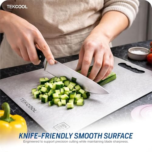 Image of TEKCOOL Stainless Steel Chopping Board (32 x 22 CM), Vegetable Cutting Board, Premium SUS304 Vegetable and Fruit Cutter Pad, Heavy-Duty Metal Chopping Board?