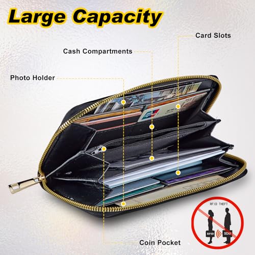 Wallet Women RFID Blocking PU Leather Multi Credit Card Large Capacity Zip Wallet, Ultra Slim Holder Bifold Clutch Coin Travel Purse with Wristlet Wallets for Women Men, Sunflower Butterfly2