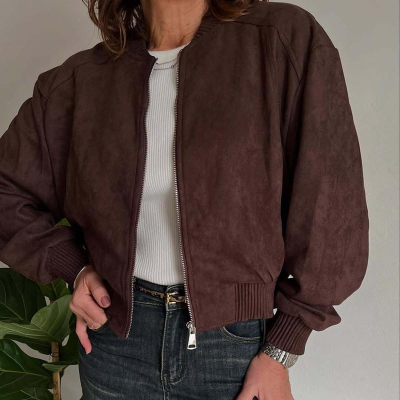 utcoco Women's Faux Suede Bomber Jacket Cropped Zip Up Loose Fit Shacket Stylish Fall Winter Outerwear - Image 3