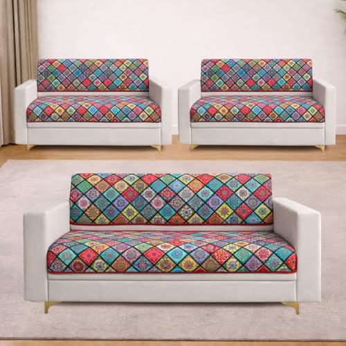 Image of Homerz Premium 7 (3+2+2) Seater Velvet Sofa Panel Cover with Digital Prints | Anti-Slip Backing (Mandala, 7 (3+2+2) Seater with Back)
