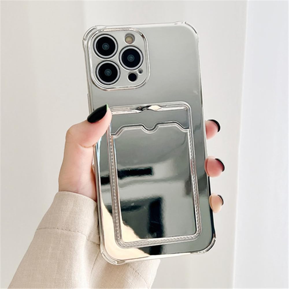 Coque silicone iPhone 13 argenté antichoc étui portefeuille et miroir - 7