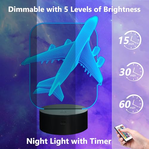 Image of FULLOSUN Aircraft Airplane 3D Night Light Bedside Lamp 16 Colors Changing with Remote Control Xmas Halloween Birthday Gift for Boy