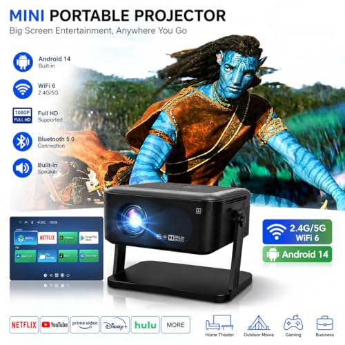 Image of Mini Portable Projector with 4K Support, Android 14, WiFi 6, Bluetooth, Full HD Support, for Movies, Gaming and Outdoor Use