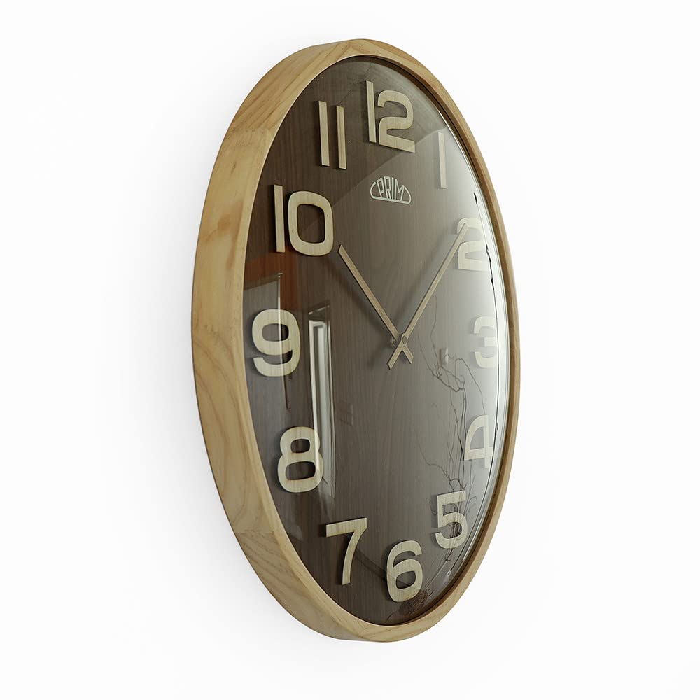 PRIM Reloj de Pared de Madera de Lujo Timber Veneer, Color marrón, con números Grandes 3D, Esfera chapada, Cristal Curvado, Motor Paso a Paso de Cuarzo