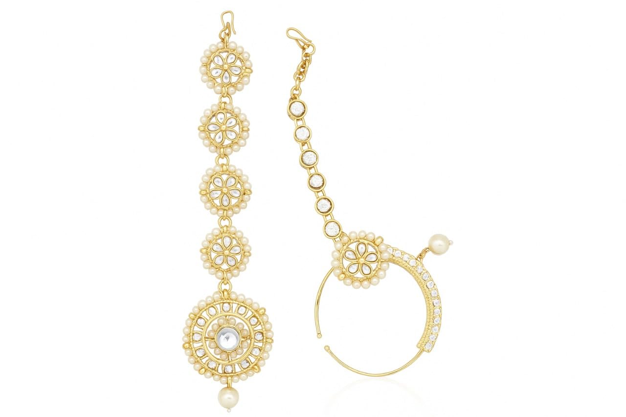 Premium Bridal AD Maangtikka and Pearl Accented Nose Ring Set-image-28