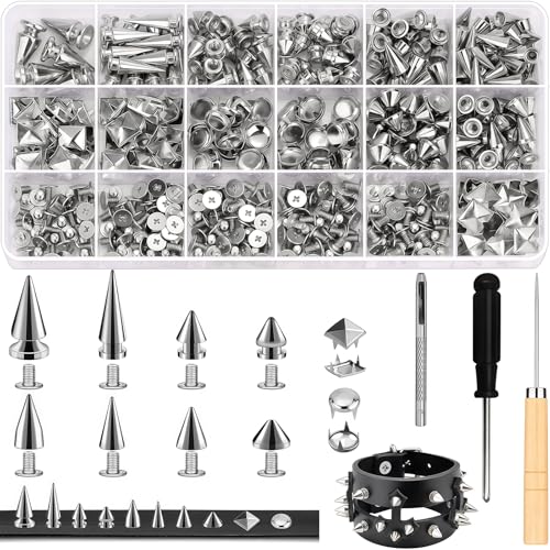 Cosblisvia 455 Stück Nieten Set Punk Studs für Kleidung Schraubnieten für Lederhandwerk für Bastler Designer Punk-Fans für Gürtel Jacken Taschen (Silber)