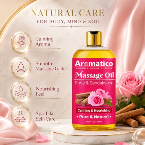 Image of AROMATICO Rose & Sandalwood Massage Oil - Rose Massage Oil with Sandalwood, Almond & Jojoba for Body Relaxation & Skin Nourishment | 300ml