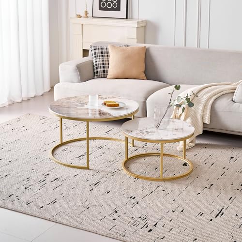 GrandCA HOME Ensemble de 2 Tables Basses Rondes, Tables Gigognes de Salon Modernes, Structure en Métal Doré, 50 cm et 70 cm, en Marbre Pandora et Pierre Frittée